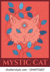 vector illustration of cat head with leaves and branches in orange and blue colours, main colour is orange, esoteric abstract cosmic art of animal head