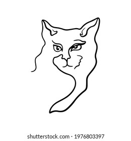 Vector illustration of a cat head in line art style. Cat head silhouette in minimalistic style isolated on white background. 