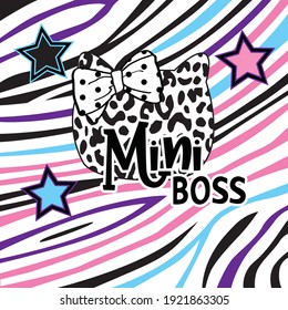 Vector illustration of cat head with stars and mini boss phrase on zebra background. Vector illustration for baby kids t-shirt graphics design.