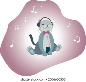 Ilustración vectorial de un gato con auriculares. Notas. Colores agradables y tranquilos. El smartphone está en las garras. Relájate. Música.