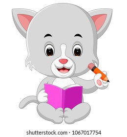vector illustration of cat holding book and pencil
