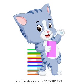 vector illustration of cat holding book