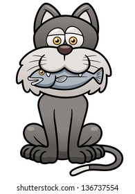 Vector illustration of cat holding a fish in its mouth