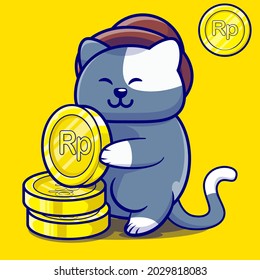 vector illustration of a cat holding a gold coin in his hand. cute blue cat illustration, in cartoon style. gold coins and cat. Indonesian money, rupiah. rupiah and lucky cat. chibi character.