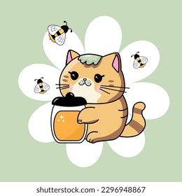 Vector illustration cat with honey honeycomb with bee and jar of honey Sweet. Jar of honey with flower daisy. Kawaii cat with honey