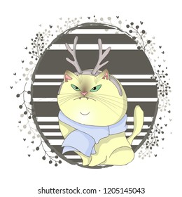 Vector illustration. Cat in the horns of a deer. Striped background. Drawn berries and hearts. Dissatisfied cat.