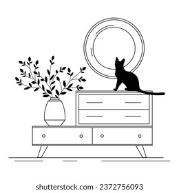 Imagen vectorial de un gato en la casa. Mascota en el interior. Icono de mobiliario, cómoda con espejo y jarrón de flores. La vida de un gato en un apartamento. Ilustración lineal de un interior