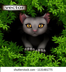 Vector illustration of a cat hunting through trees branches with green leaves for background