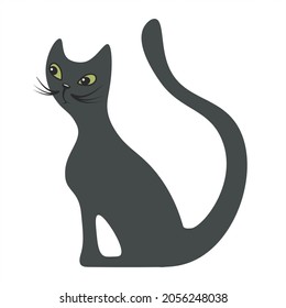Vector illustration of a cat icon in gray. An image of a cat with a long tail. An image of a curious cat with a long tail and green eyes. Macro flat design for print, advertising, network. Flat style.