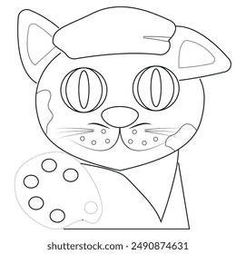 vector illustration of a cat in the image of an artist with a palette, a beret and paints on the face drawn in outline, in the style of line art