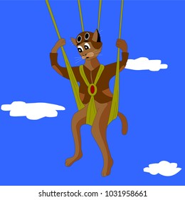 Vector illustration. The cat jumped with a parachute, but he is afraid of all lands is reduced to the ground