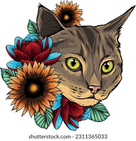 vector illustration of cat kitten head with flower