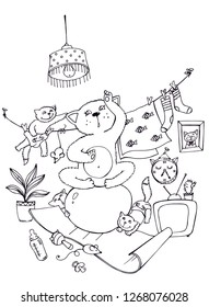 Vector illustration with cat and kittens. Cat doing yoga, meditation and child care