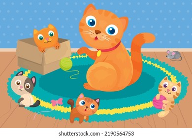 Vector illustration of cat with kittens playing on the carpet at home