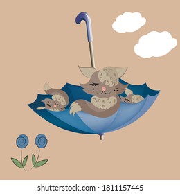 
Vector illustration. A cat with kittens is sleeping in an umbrella.