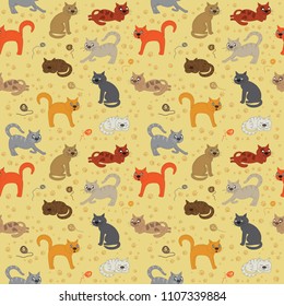 Vector illustration of Cat life in the form of a seamless pattern. Perfect design for posters, cards, textile, web pages. Beautiful hand-drawn.