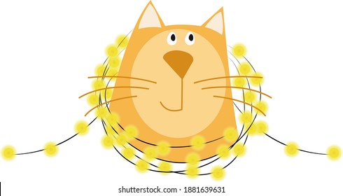 vector illustration, cat logo, holiday, garland, glowing lanterns, new year, christmas, birthday, postcard, picture, animal, red cat, colored muzzle, poster, print