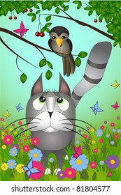 Vector illustration of a cat looking to the bird