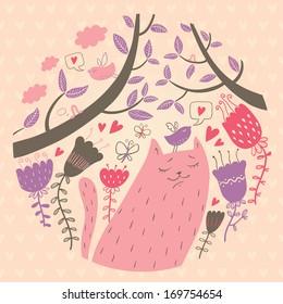 Vector illustration of cat in love. Valentine's day card.  Colorful floral spring background