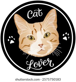 Vector Illustration of a Cat Lover Badge with a Cute Feline Face and Paw Prints