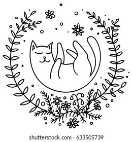 Vector illustration. Cat lying in the grass. A sleeping kitten is among the flowers. Black and white drawing.
