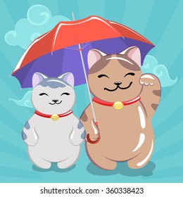 vector illustration with a cat Maneki Neko  under an umbrella.
