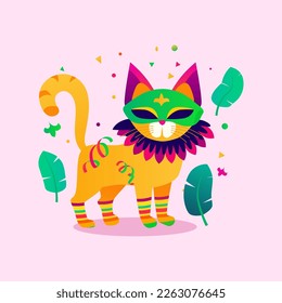Vector illustration Cat in mardi gras mask. A cartoon illustration of a Mardi Gras Cat. Mardi Gras jester.