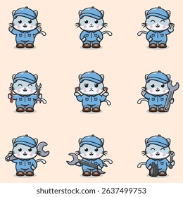 Vector Illustration of Cat Mechanic Cartoon Character. Mechanic Character Vector Illustration. Cat Character animal. Mechanic Mascot.