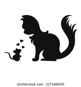 Vector illustration. Cat and mice. Black silhouette and cat a mouse isolated on a white background.