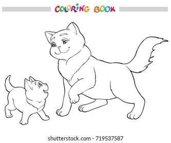Vector illustration cat mother with kitten. Coloring book image black and white