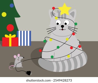 vector illustration of a cat with a mouse in the New Year