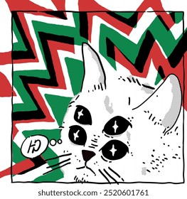 Ilustración vectorial de un gato con múltiples ojos, estilo surrealista y un fondo psicodélico en zigzag en rojo, verde y negro. Perfecto para proyectos de diseño alternativos y modernos.