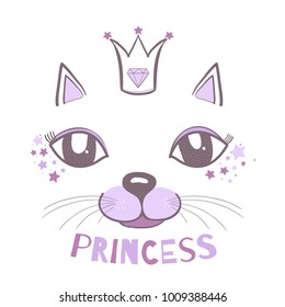 Vector Illustration of a cat, muzzle, mustache, ears, crown eyesHand draw