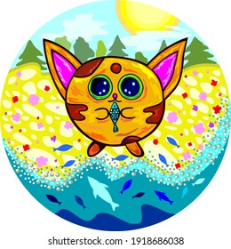 Vector illustration of cat near the lake, who catched tasty fish. The cat has circle form.