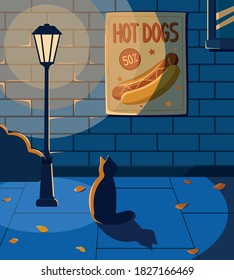 vector illustration of a cat in a night alley under a lantern