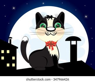 Vector illustration of the cat in the night on roof at moon