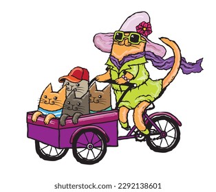 Vector illustration of a cat on a cargo bicycle with her kittens 