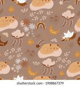 Vector illustration of a cat on a cloud as well as colors, rainbows and stars.Cartoon pattern for children's textiles