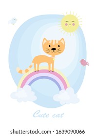 Vector illustration with a cat on a colored rainbow with the sun, a bird on a blue background. Cute kitten in flat cartoon style for children's design, poster, greeting card, clothing, prints, decor