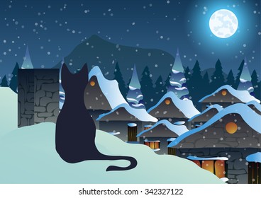 Vector illustration. Cat on a snowy roof on night city background