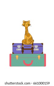 Vector illustration of the cat on the suitcases