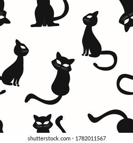Vector illustration of a cat on a white background. the cat sits with its back, side and face. Seamless pattern