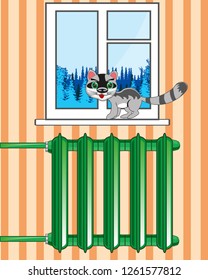Vector illustration of the cat on window and radiator in room