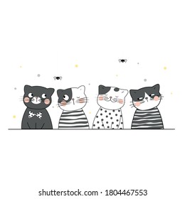 
Vektorgrafik des Zeichendesigns der Katzenumrandung. Zeichnen Sie den Schreib Stil.Vektorgrafik von lustigen Cartoon Katzen Rassen Set. Katzen Sammlung.Vier verschiedene Maneki neko.