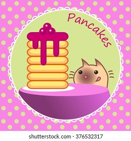 Vector illustration of the cat and pancakes with jam