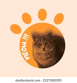 Vector illustration of a cat with paw print on orange background with text Follow your heart.