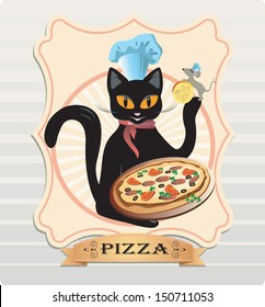 Vector illustration of a cat with a pizza and a mouse 