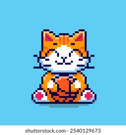 Vector Illustration of Cat Playing with Ball with Pixel Art Design, perfect for game assets themed designs