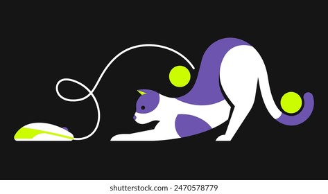 Vector illustration of a cat playing with computer mouse