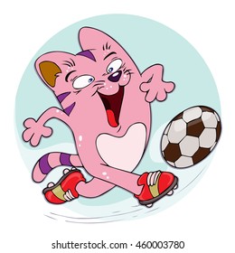 Vector illustration, cat playing football, card concept.